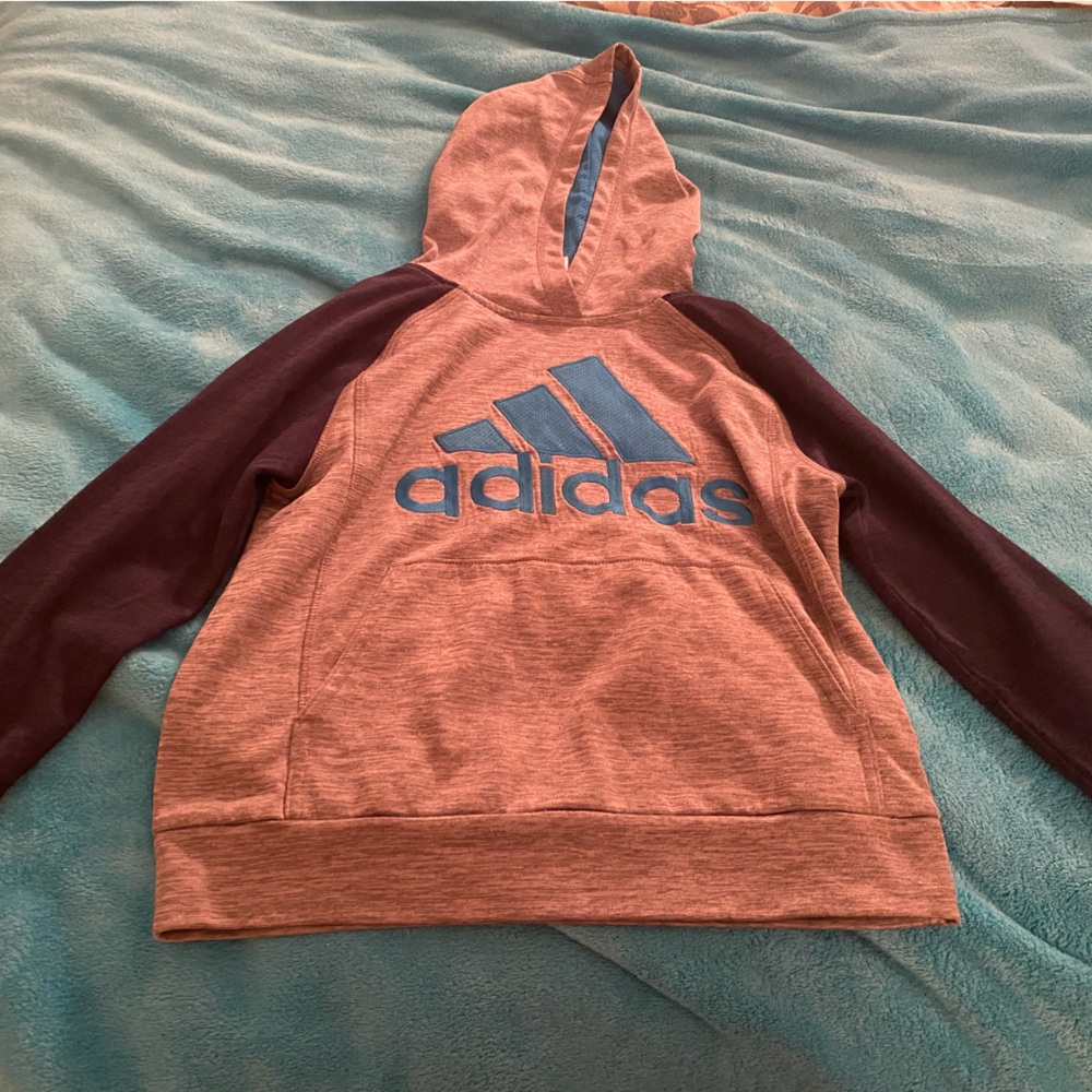 Boys gray adidas sweatshirt with navy sleeves and turquoise adidas logo
